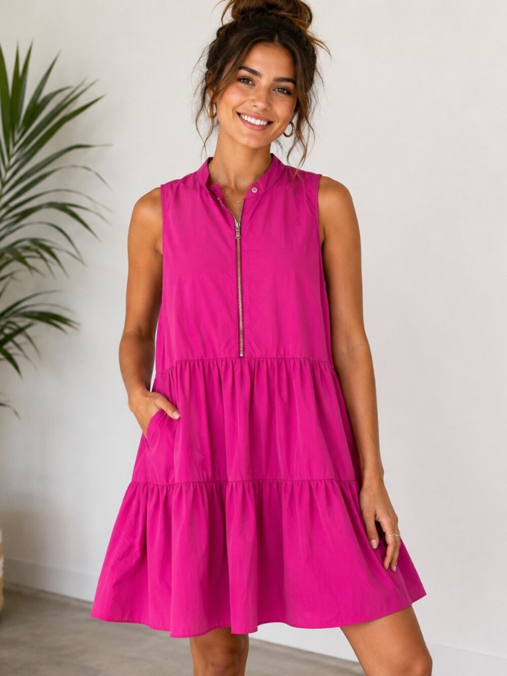 Amanda Uprichard Fuchsia Zip Front Tiered Dress Medium Sleeveless Pockets